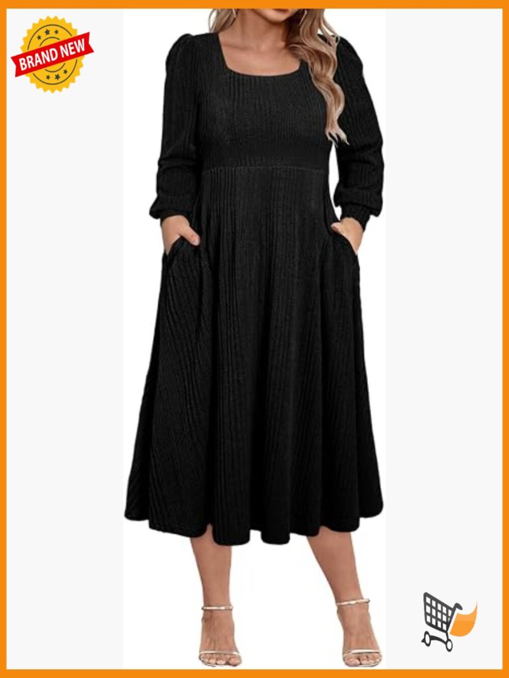 Plus Size Square Neck Long Sleeve Midi Shift Dress with Pockets
